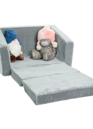 Dječija sofa krevet BONO, pliš, mekana, pena - 2 u 1 za sjedenje i spavanje, siva