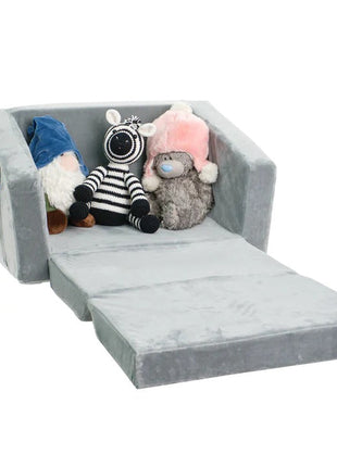 Dječija sofa krevet BONO, pliš, mekana, pena - 2 u 1 za sjedenje i spavanje, siva