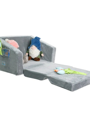 Dječija sofa krevet BONO, pliš, mekana, pena - 2 u 1 za sjedenje i spavanje, siva