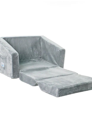 Dječija sofa krevet BONO, pliš, mekana, pena - 2 u 1 za sjedenje i spavanje, siva