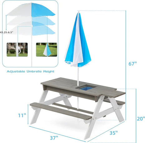 Dječiji baštenski sto 3 u 1, kišobran sa podesivom visinom, pokretni vrh za aktivne igre na otvorenom