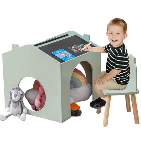 Dječiji sto sa 2 stolice - Kuća za više aktivnosti sa crnom tablom, stolom za crtanje i čitanje