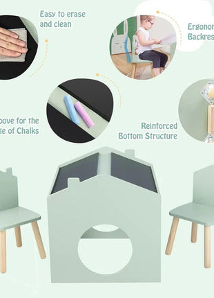 Dječiji sto sa 2 stolice - Kuća za više aktivnosti sa crnom tablom, stolom za crtanje i čitanje