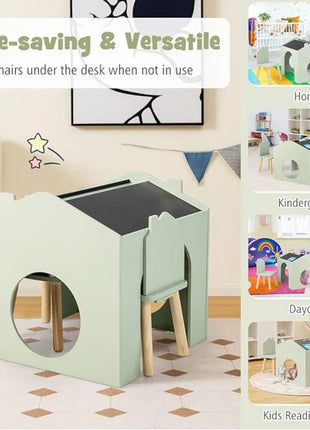 Dječiji sto sa 2 stolice - Kuća za više aktivnosti sa crnom tablom, stolom za crtanje i čitanje