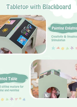 Dječiji sto sa 2 stolice - Kuća za više aktivnosti sa crnom tablom, stolom za crtanje i čitanje