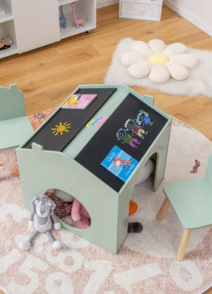 Dječiji sto sa 2 stolice - Kuća za više aktivnosti sa crnom tablom, stolom za crtanje i čitanje