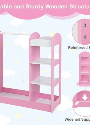 Dječiji stalak za odjeću sa ogledalom - Dječiji otvoreni ormar sa policama i vješalicama, roze