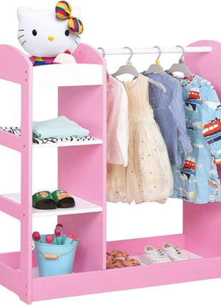 Dječiji stalak za odjeću sa ogledalom - Dječiji otvoreni ormar sa policama i vješalicama, roze