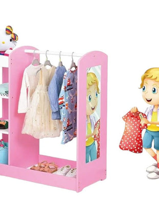 Dječiji stalak za odjeću sa ogledalom - Dječiji otvoreni ormar sa policama i vješalicama, roze