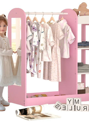 Dječiji stalak za odjeću sa ogledalom - Dječiji otvoreni ormar sa policama i vješalicama, roze