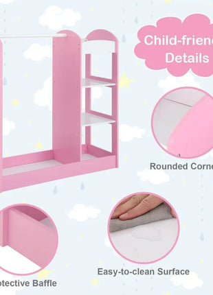 Dječiji stalak za odjeću sa ogledalom - Dječiji otvoreni ormar sa policama i vješalicama, roze