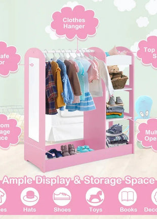 Dječiji stalak za odjeću sa ogledalom - Dječiji otvoreni ormar sa policama i vješalicama, roze