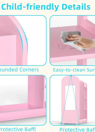 Dječiji stalak za odjeću sa ogledalom - Dječiji otvoreni ormar sa policama i vješalicama, roze