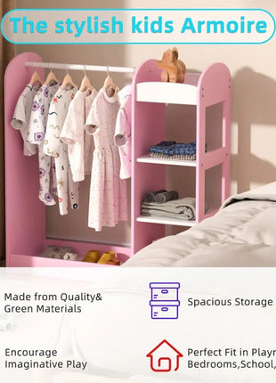 Dječiji stalak za odjeću sa ogledalom - Dječiji otvoreni ormar sa policama i vješalicama, roze