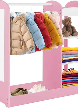 Dječiji stalak za odjeću sa ogledalom - Dječiji otvoreni ormar sa policama i vješalicama, roze