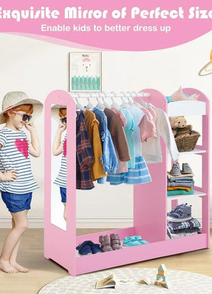 Dječiji stalak za odjeću sa ogledalom - Dječiji otvoreni ormar sa policama i vješalicama, roze
