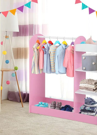 Dječiji stalak za odjeću sa ogledalom - Dječiji otvoreni ormar sa policama i vješalicama, roze
