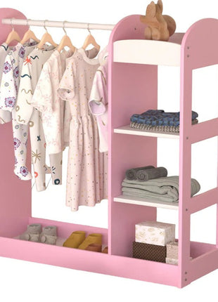 Dječiji stalak za odjeću sa ogledalom - Dječiji otvoreni ormar sa policama i vješalicama, roze