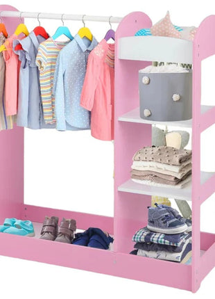 Dječiji stalak za odjeću sa ogledalom - Dječiji otvoreni ormar sa policama i vješalicama, roze