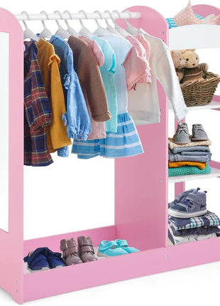 Dječiji stalak za odjeću sa ogledalom - Dječiji otvoreni ormar sa policama i vješalicama, roze