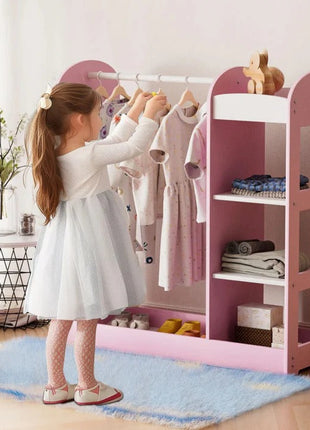 Dječiji stalak za odjeću sa ogledalom - Dječiji otvoreni ormar sa policama i vješalicama, roze