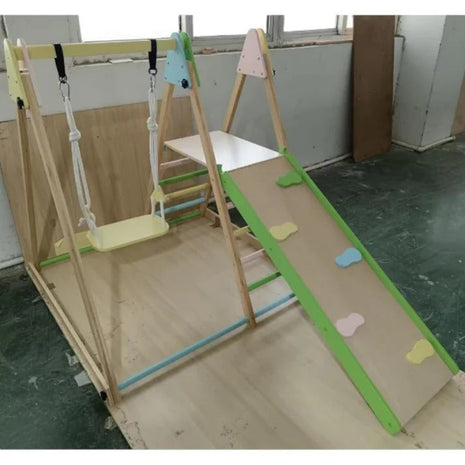 Dječiji drveni set 4 u 1 – ljuljaška, tobogan, ram za penjanje i rampa za penjanje