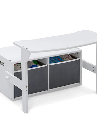 Dječija drvena klupa, radni sto i organizator - 3 u 1 sa odlaganjem - bijelo/siva