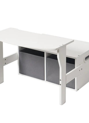 Dječija drvena klupa, radni sto i organizator - 3 u 1 sa odlaganjem - bijelo/siva