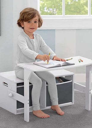 Dječija drvena klupa, radni sto i organizator - 3 u 1 sa odlaganjem - bijelo/siva