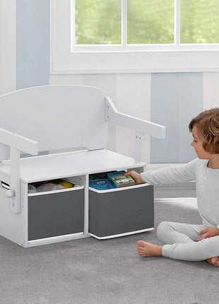 Dječija drvena klupa, radni sto i organizator - 3 u 1 sa odlaganjem - bijelo/siva