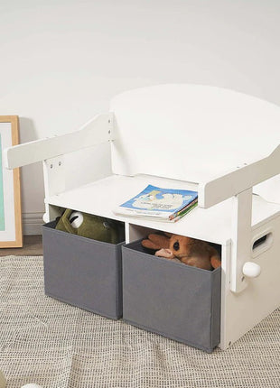 Dječija drvena klupa, radni sto i organizator - 3 u 1 sa odlaganjem - bijelo/siva