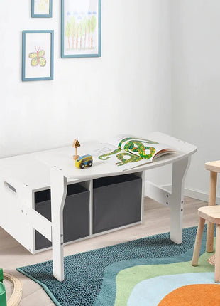 Dječija drvena klupa, radni sto i organizator - 3 u 1 sa odlaganjem - bijelo/siva
