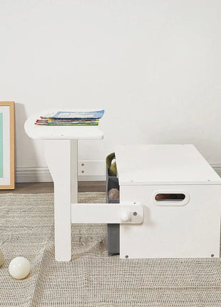 Dječija drvena klupa, radni sto i organizator - 3 u 1 sa odlaganjem - bijelo/siva