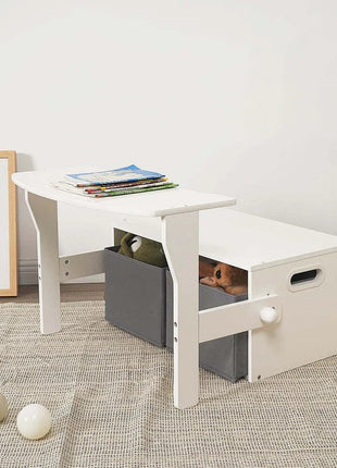 Dječija drvena klupa, radni sto i organizator - 3 u 1 sa odlaganjem - bijelo/siva