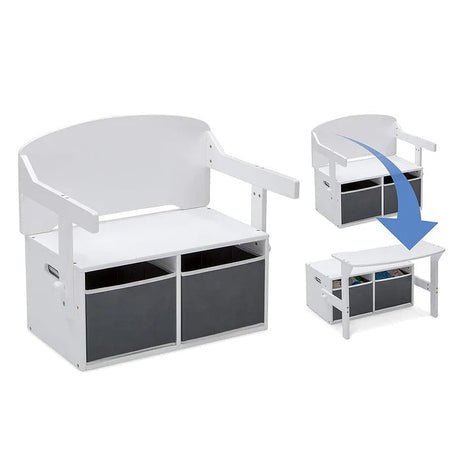Dječija drvena klupa, radni sto i organizator - 3 u 1 sa odlaganjem - bijelo/siva