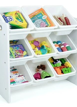 Polica sa 9 kutija za odlaganje, dio za dječiju sobu, organizator za igračke i knjige od drveta - BIJELI