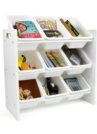 Polica sa 9 kutija za odlaganje, dio za dječiju sobu, organizator za igračke i knjige od drveta - BIJELI