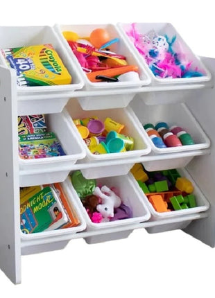 Polica sa 9 kutija za odlaganje, dio za dječiju sobu, organizator za igračke i knjige od drveta - BIJELI