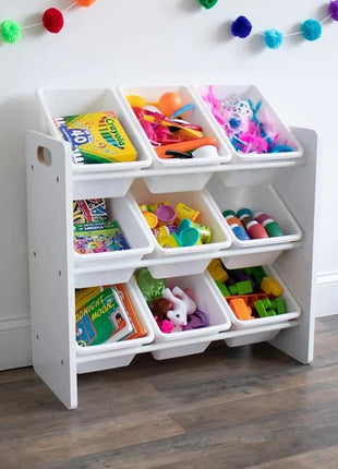 Polica sa 9 kutija za odlaganje, dio za dječiju sobu, organizator za igračke i knjige od drveta - BIJELI