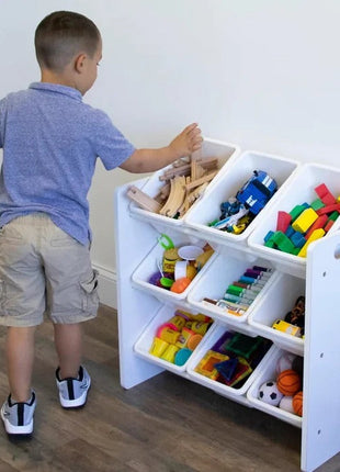 Polica sa 9 kutija za odlaganje, dio za dječiju sobu, organizator za igračke i knjige od drveta - BIJELI