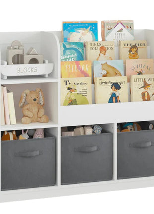 Dječiji organizator KINDER HOME, polica za knjige sa policama za igračke i knjige, 3 tekstilne kutije, drveni, beli, 92x30x80 cm, Montesori