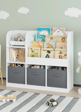 Dječiji organizator KINDER HOME, polica za knjige sa policama za igračke i knjige, 3 tekstilne kutije, drveni, beli, 92x30x80 cm, Montesori