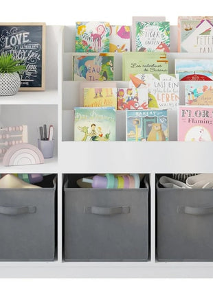 Dječiji organizator KINDER HOME, polica za knjige sa policama za igračke i knjige, 3 tekstilne kutije, drveni, beli, 92x30x80 cm, Montesori
