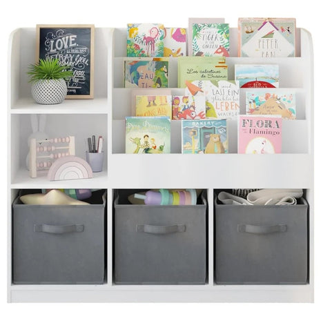 Dječiji organizator KINDER HOME, polica za knjige sa policama za igračke i knjige, 3 tekstilne kutije, drveni, beli, 92x30x80 cm, Montesori