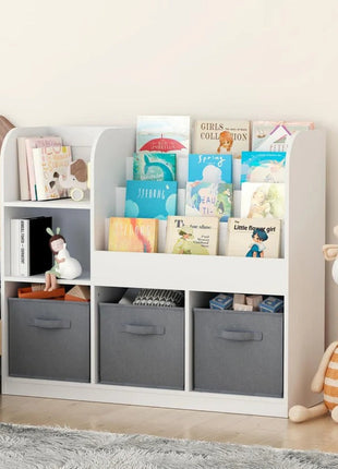 Dječiji organizator KINDER HOME, polica za knjige sa policama za igračke i knjige, 3 tekstilne kutije, drveni, beli, 92x30x80 cm, Montesori