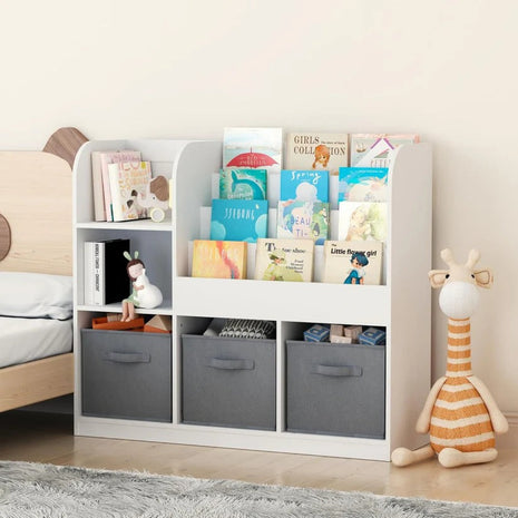 Dječiji organizator KINDER HOME, polica za knjige sa policama za igračke i knjige, 3 tekstilne kutije, drveni, beli, 92x30x80 cm, Montesori