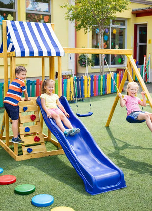Dečiji drveni set za igru na otvorenom KINDER HOME 4 u 1 – tobogan 1,8 m, 2 ljuljaške, penjalica i mreža od konopaca, 308×318×244 cm