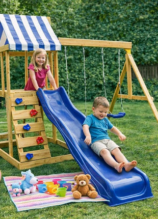 Dečiji drveni set za igru na otvorenom KINDER HOME 4 u 1 – tobogan 1,8 m, 2 ljuljaške, penjalica i mreža od konopaca, 308×318×244 cm