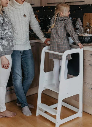 Montessori toranj, edukativna stolica sa crnom tablom i podesivom visinom, bijela, za djecu od 1-4 godine