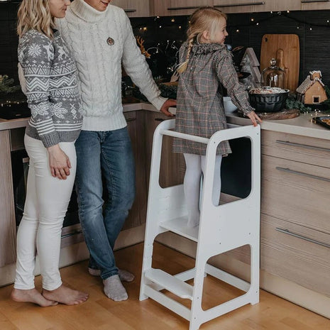 Montessori toranj, edukativna stolica sa crnom tablom i podesivom visinom, bijela, za djecu od 1-4 godine